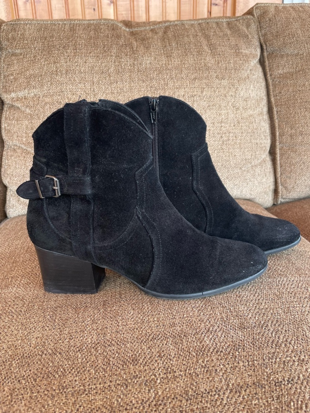 Black Suede Ankle Booties with Buckle Accent - Women